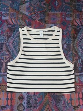 H&M Black & Cream Striped Crop Tank women’s large summer top